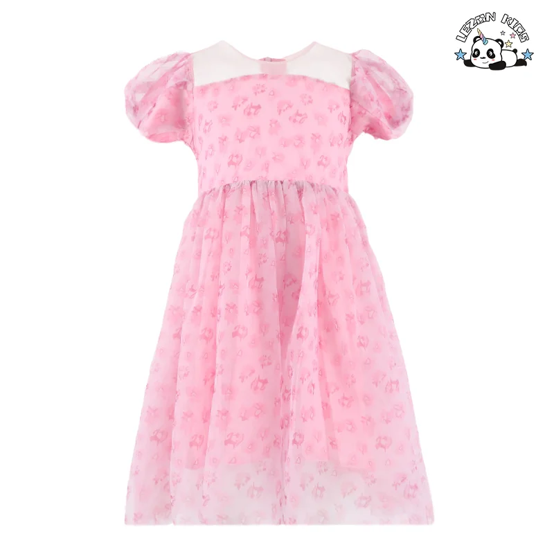 LEZONKIDS - Atacado de Novos Produtos Vestido de Princesinha Doce Personalizado com Manga de Tule e Pérola para Menina